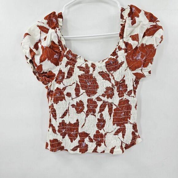 Monteau los angeles large crop top tshirt floral burnt orange rust - Picture 2 of 3
